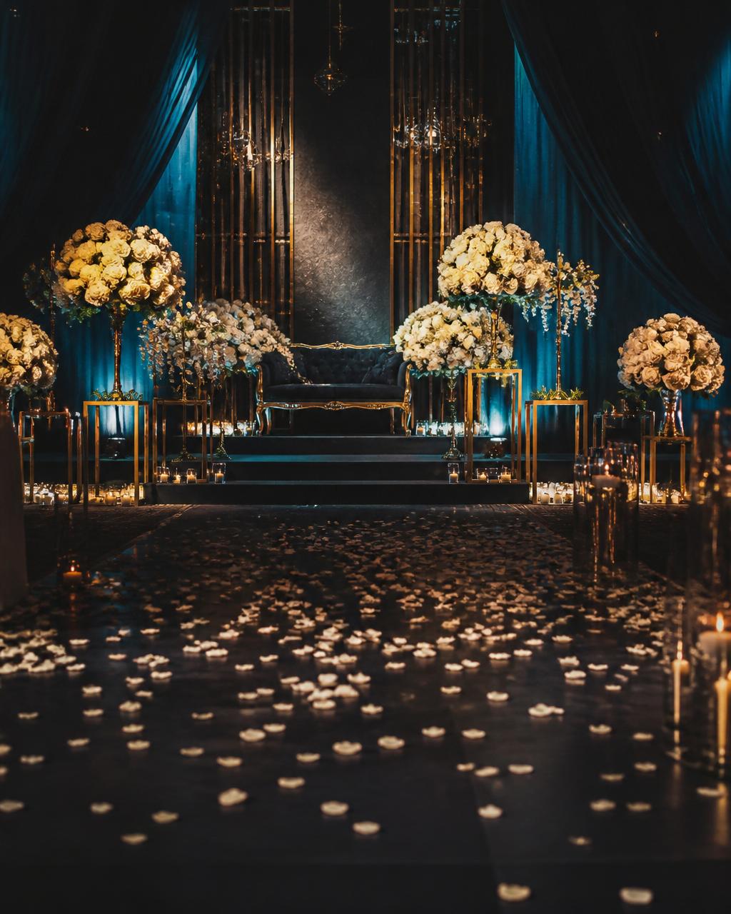 A dramatic luxury venue filled with white flowers, teal uplights and candlelit petals.