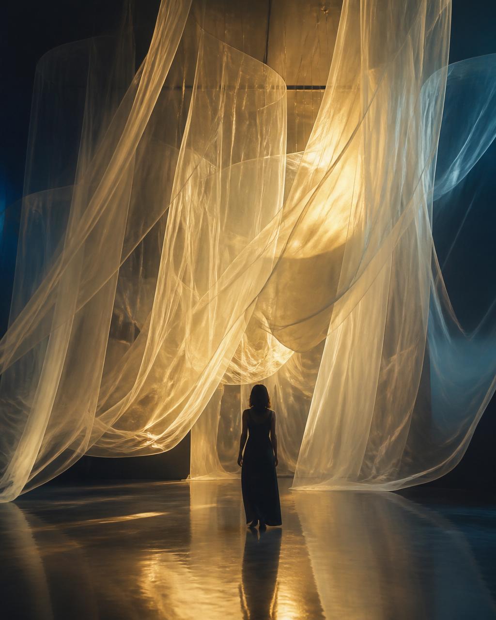 A woman standing beneath vast floating translucent fabric lit by golden light.