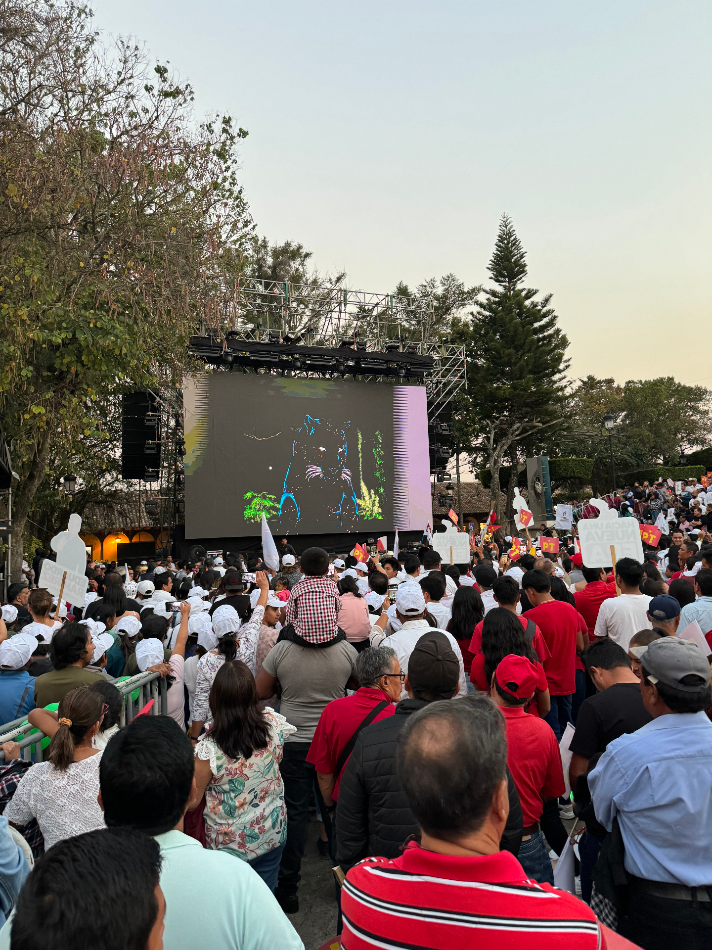 A wide daylight crowd shot facing the giant screen as the jaguar reveal begins.