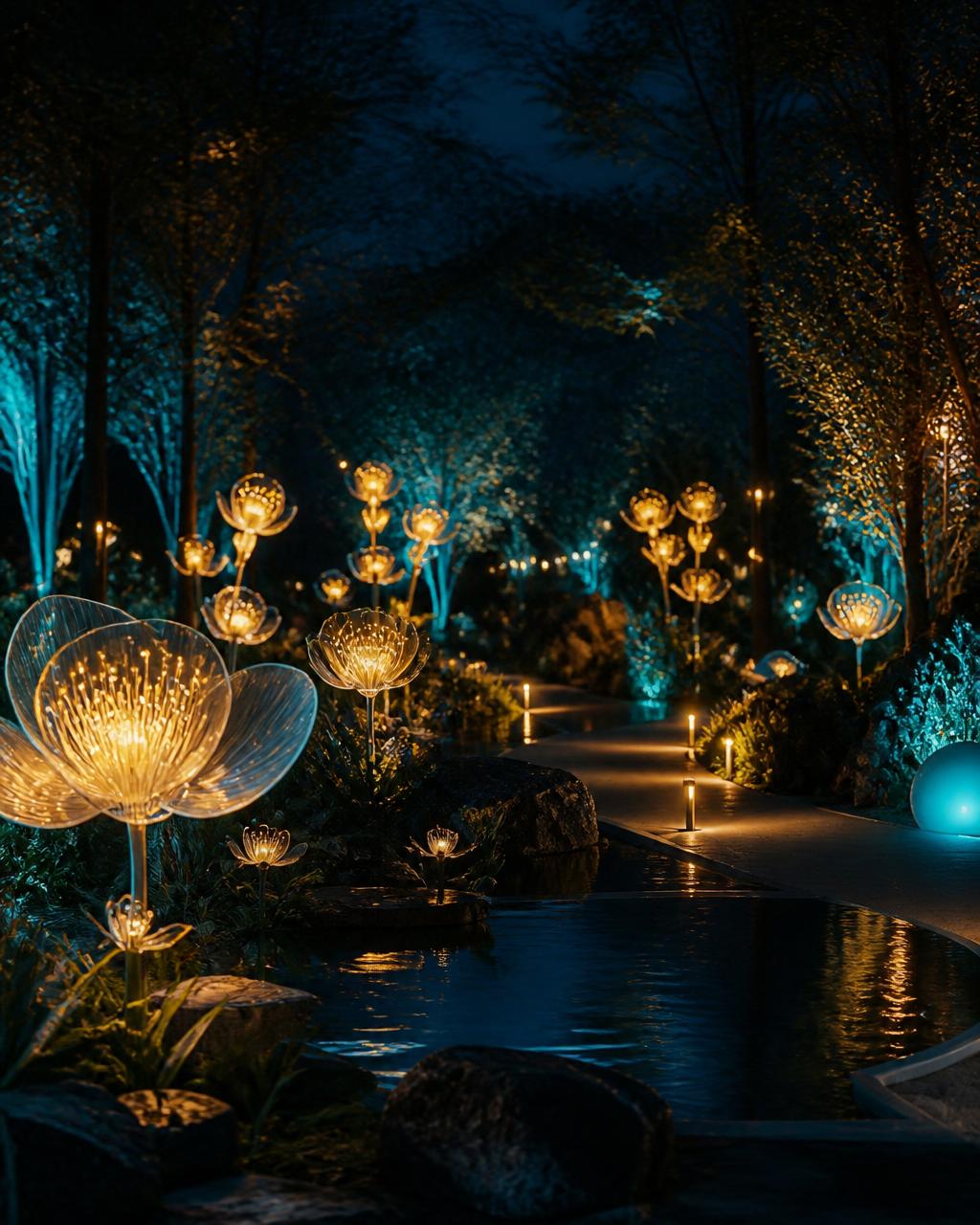 A glowing nocturnal garden with golden glass flowers reflected in still water.