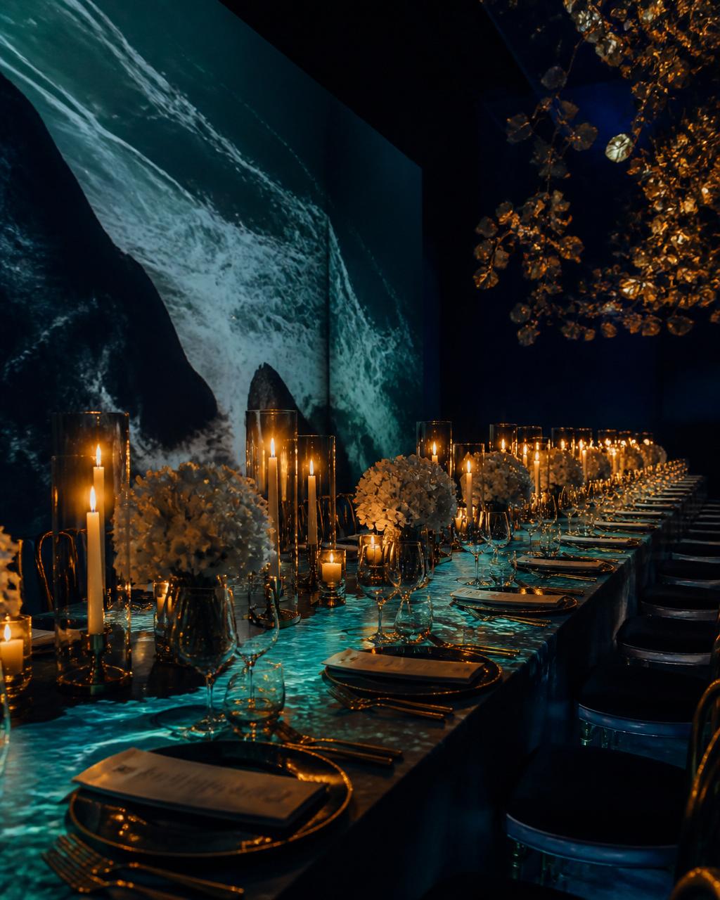 A long candlelit dinner table washed in teal projections and golden floral light.
