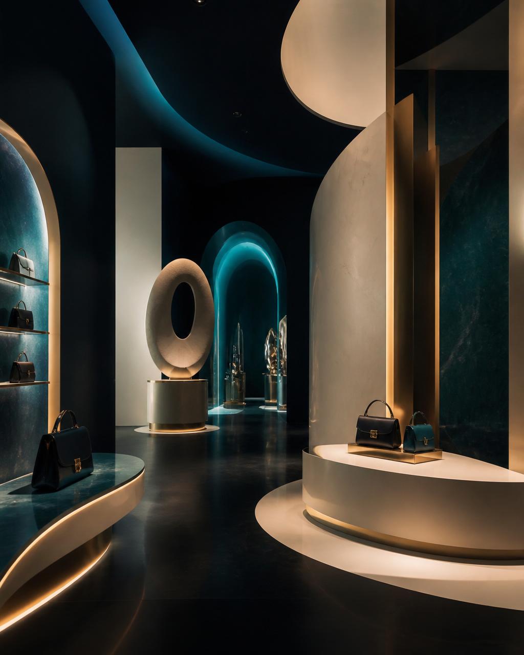 A futuristic retail space with curved ivory forms, teal archways and gold accents.