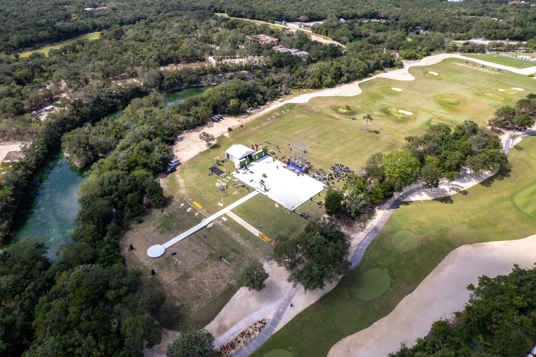 Aerial view of the gala build site beside a cenote in the Riviera Maya.